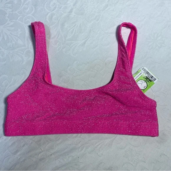 NEW Good American Sparkle Metallic Bikini Top Knockout Pink Scoop Square Neck 0 - Picture 9 of 10